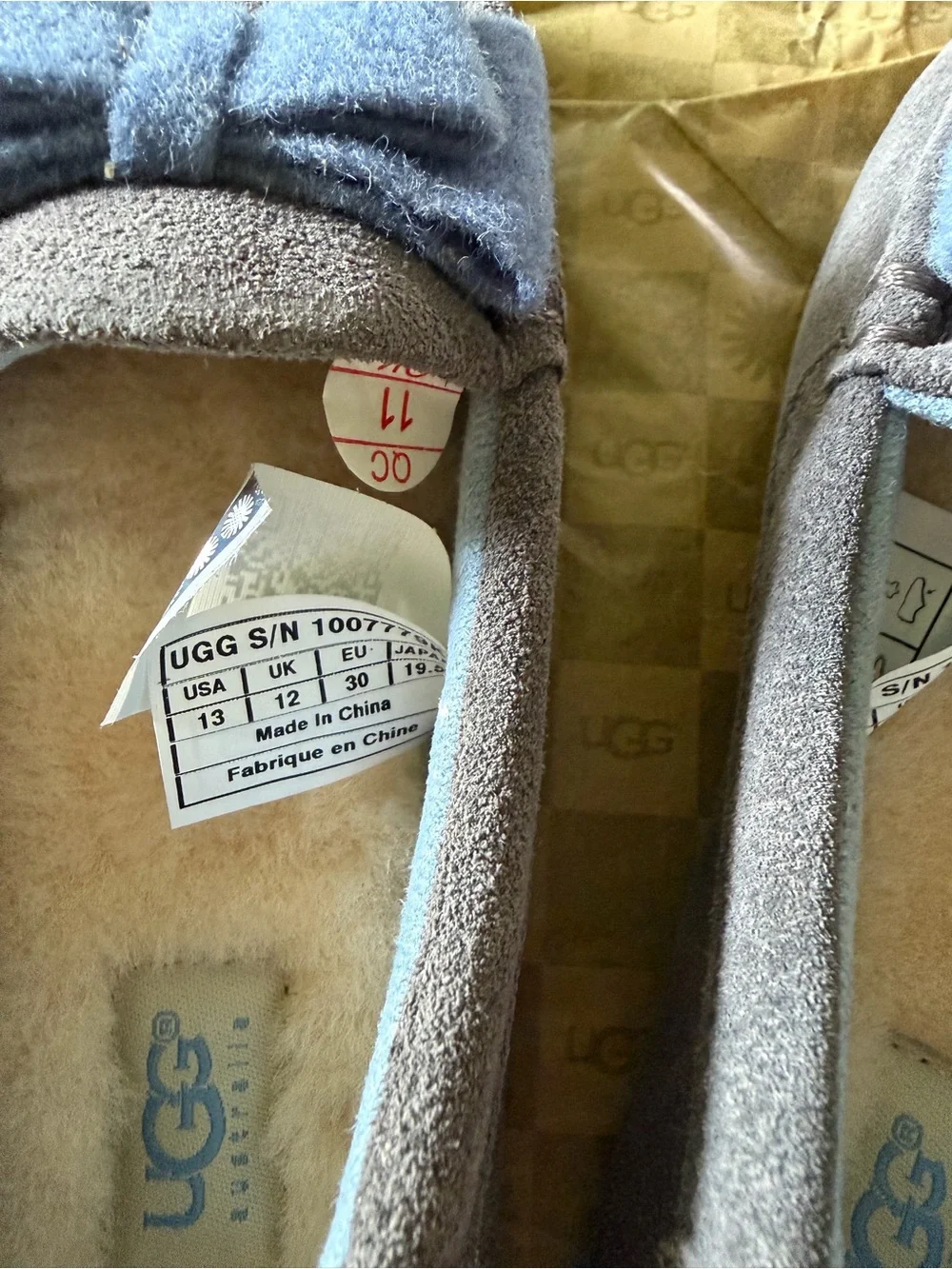 UGG Kids Grey Suede Bow Slippers with Light Blue Trim
